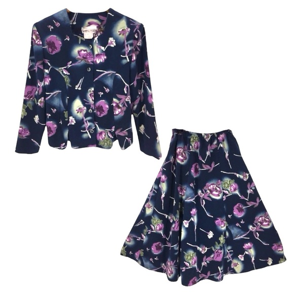 LEO DANAL Vintage Navy Blue Floral 2 Piece Skirt Suit size 8 - Picture 1 of 12